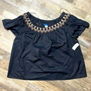 Smocked Black Cotton Blouse